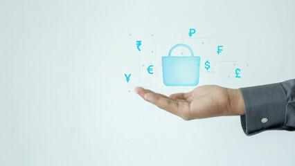 Hand Holding Virtual Shopping Bag with Currency Symbols for E-commerce Concept