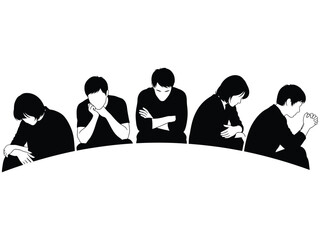 A row of people with heads bowed in a black and white illustration