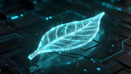 Digital leaf overlay on circuit board, symbolizing technology and nature fusion