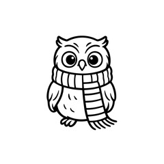 Baby owl wearing a scarf too long for its body black and white clip art