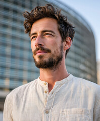 Man in a white linen shirt looks thoughtfully toward the distance, modern curved building in the soft-focused background.