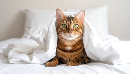 A Bengal cat peeks out from under a white blanket on a bed. Its striking green eyes look straight ahead. The bedding is crisp and white