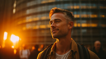 A man smiling as he enjoys a sunset in a busy urban environment, exuding a sense of contentment and peace.
