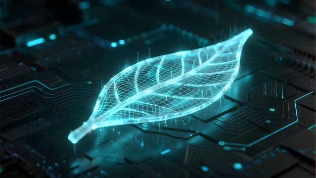 Digital leaf overlay on circuit board, symbolizing technology and nature fusion - Powered by Adobe