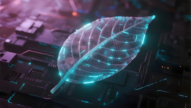 Digital leaf with glowing circuit patterns over a futuristic tech background - Powered by Adobe