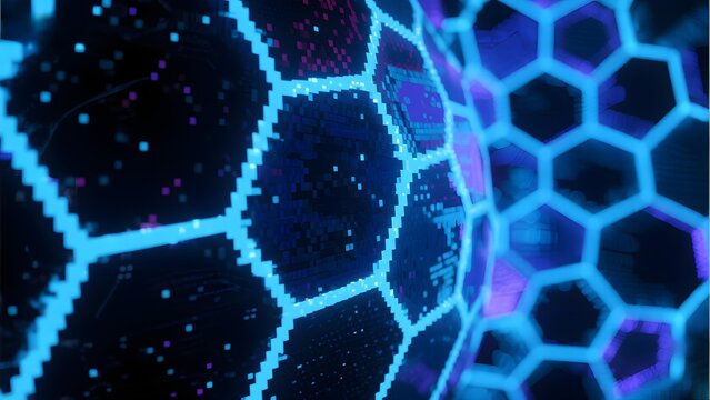 Abstract digital hexagonal network with glowing blue and purple patterns on a dark background - Powered by Adobe