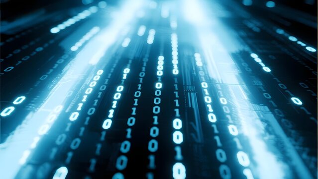 Digital binary code streams glowing in blue light, representing data flow and digital information processing.