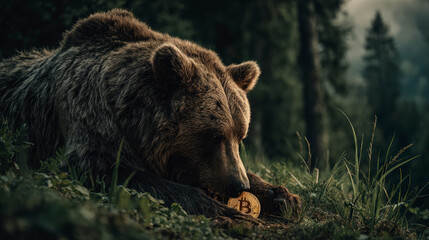 A brown bear curiously inspects a gold Bitcoin coin in a lush, foggy forest setting, illustrating nature meeting modern technology.