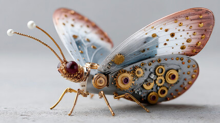 An intricate mechanical butterfly sculpture, featuring gears and metallic elements, blending nature and steampunk artistic style.
