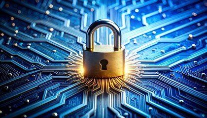 Digital Cybersecurity Metal Padlock on a Glowing Blue and Gold Circuit Board
