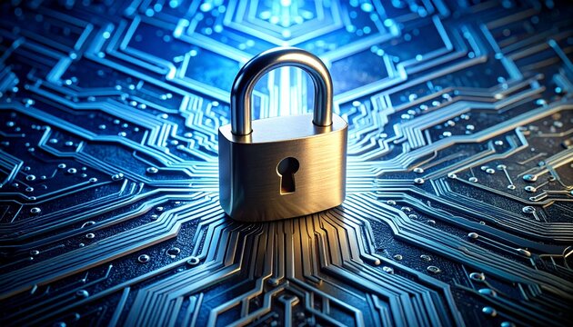 Digital Cybersecurity Metal Padlock on a Glowing Blue and Gold Circuit Board