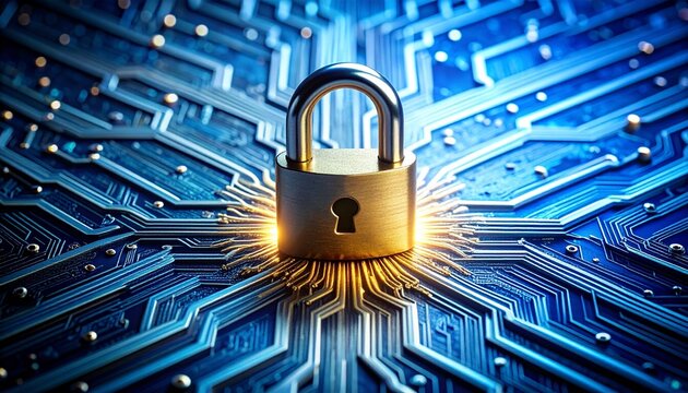 Digital Cybersecurity Metal Padlock on a Glowing Blue and Gold Circuit Board