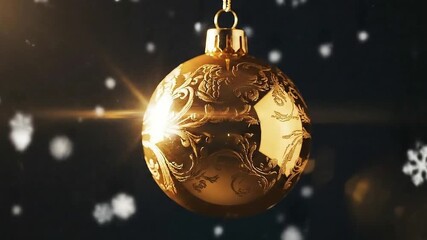 An elegant luxury Christmas visual showcasing a golden ornament floating in a dark cinematic space, softly illuminated with warm light and gentle falling snow for a timeless festive mood