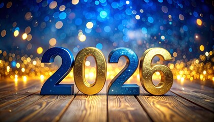 Happy New Year 2026 Festive Blue and Gold 3D Numbers on Wood Background