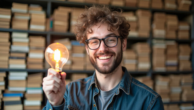 a man with a lighted light bulb in his hand against a background of books - Powered by Adobe