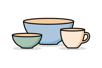 Colorful ceramic bowls and a cup vector art illustration