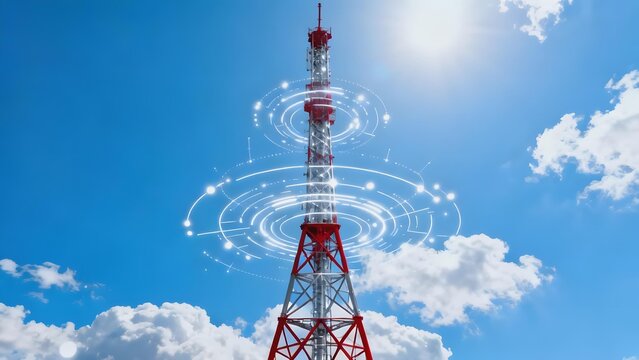 Telecommunication tower with signal waves against a bright blue sky and clouds