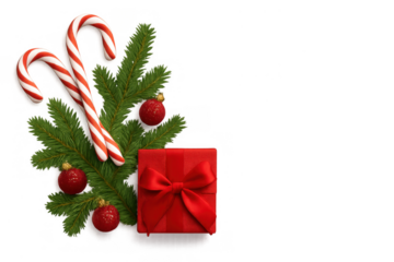 Christmas holiday composition arranging fir branches, gift box, candy canes, and red ornaments, transparent background