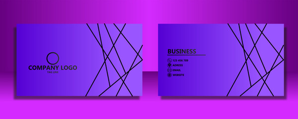 Modern purple gradient business card design with abstract black lines, featuring a company logo placeholder and business contact information.