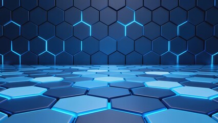 Obraz premium Blue hexagonal patterned floor and wall with glowing neon lines in a futuristic interior