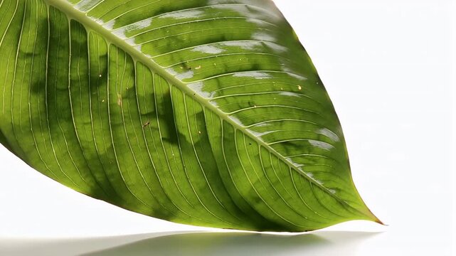 Close Up Of Green Leaf Across White Background.