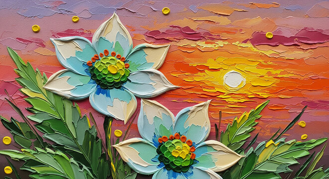 3D Aquamarine Flowers at Sunset in Impasto Oil Texture, Relief Mural, Wallpapers, Wall Mural, Wall Decor