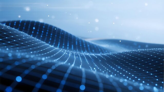 Abstract digital wave pattern with glowing blue dots and grid lines on a futuristic background