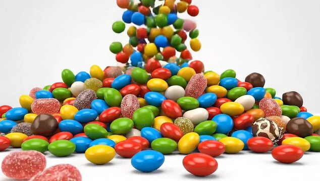 Slow-motion colorful candies falling and bouncing, playful mood, vibrant colors, white background, commercial animation style