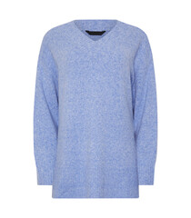 Blank long sleeve v-neck sweatshirt mockup front view, women's Sweater isolated on transparent background, stylish long-length Knit Sweater.