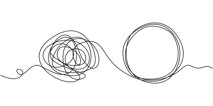 Chaos and mess circle continuous line drawn Psychotherapy linear concept vector problem solution symbol. Open book with chaos and mess circle continuous one line drawn Problem solution symbol, pro