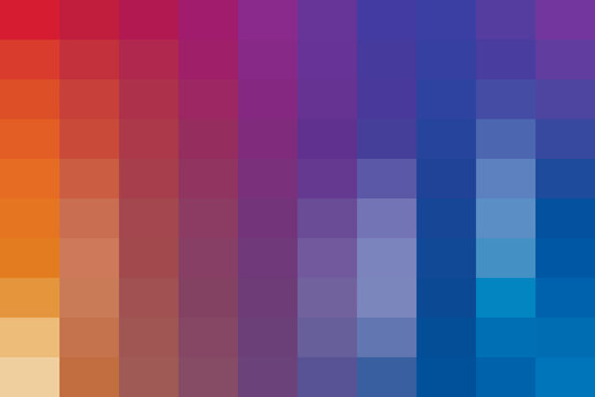 Colorful pixelated gradient background featuring a mosaic of squares in warm orange, red, purple, and cool blue hues for modern design projects.