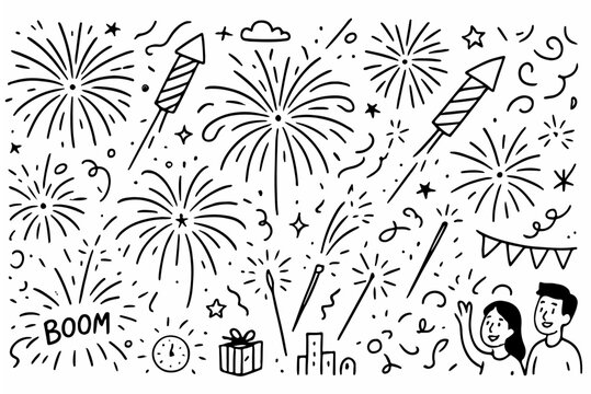 Hand-drawn doodle vector set of fireworks festival doodles rockets and explosions, created in a fun, sketchy style, isolated on white background
