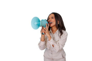 Woman speaking through a megaphone, making an announcement, broadcasting news, communicating information on transparent background