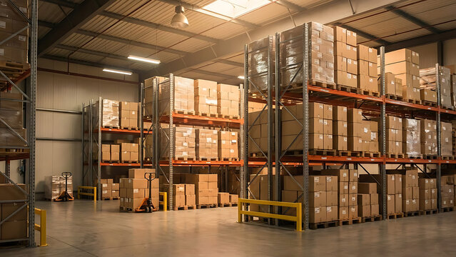 Organized warehouse interior filled with stacked cardboard boxes on tall shelves, bathed in warm sunlight.