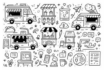 Hand-drawn doodle vector set of food trucks and drink stalls, created in a fun doodle style, isolated on white background
