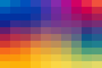 Vibrant pixel mosaic background with a smooth gradient transition from blue and purple to orange, yellow, and green. modern abstract design.