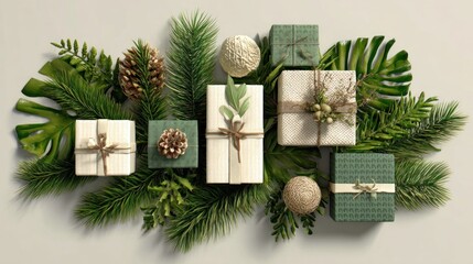 Green fir branches with wrapped gifts and holiday elements, isolated 3D render