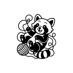 Playful red panda tangled in yarn black and white
