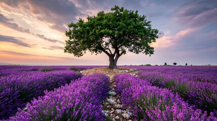 Majestic tree centered above lavender field, bathed in warm sunset hues