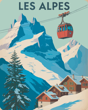 Ski Resort Vintage Poster with Gondola Lift and Mountain Chalet