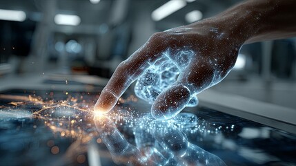 Hand Touching Futuristic Digital Interface with Glowing Elements