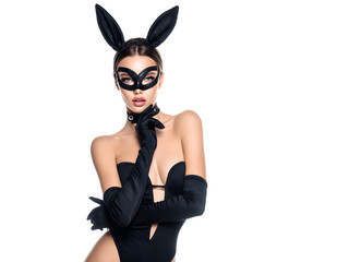 woman in a black bunny mask posing