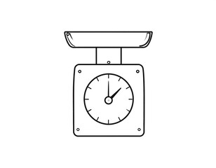 A black and white illustration of an old kitchen scale. Simple line art with a circular dial and top platform