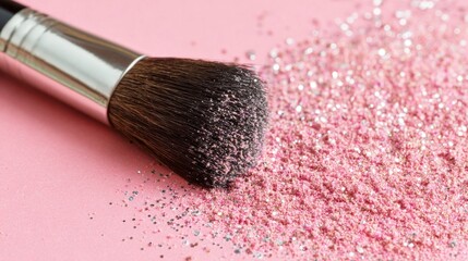 Makeup brush lies on pink surface covered in iridescent glitter, with depth-of-field effect