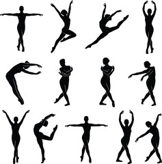 Selection of Black Silhouettes of Ballet Dancers in Graceful and Athletic Poses on White vector illustration © Legend Monir