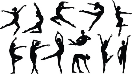 Silhouettes of Eleven Dancers in Various Ballet Poses on White Background Keywords: ballet, dancers, silhouettes, dance, poses © Legend Monir