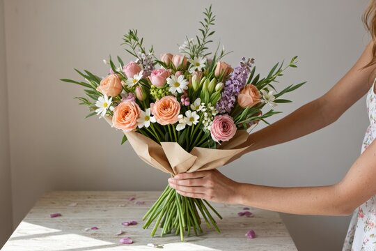 Frischer Blumenstrau&szlig; mit Rosettenblumen, Wiesenblumen und Kr&auml;utern, liebevoll gebunden