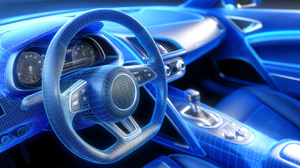 Close-up of luxury car interior with steering wheel and glowing blue dashboard lights. Modern automotive technology, premium design and driving performance concept with copy space.