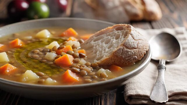 A warm and comforting bowl of homemade lentil soup richly prepared with diced carrots and potatoes served with a rustic piece of crusty bread on a wooden table perfect for a cozy and healthy meal dur. - Powered by Adobe