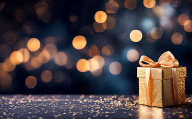 Coffret cadeau dor&eacute; avec ruban et n&oelig;ud pos&eacute; sur surface scintillante, fond bleu bokeh lumineux avec espace n&eacute;gatif copyspace pour no&euml;l, f&ecirc;tes de fin d&rsquo;ann&eacute;e, anniversaire et cadeau d&rsquo;entreprise